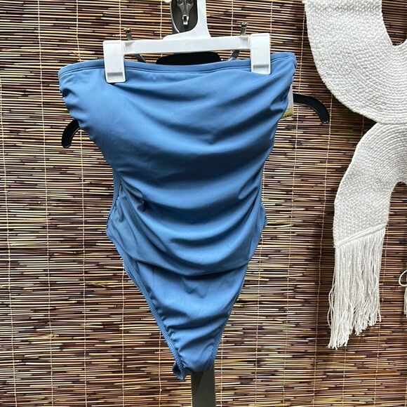 Women's Shirred Ribbed Bandeau Cheeky One Piece Swimsuit - Shade & Shore™ Blue L - Picture 2 of 3